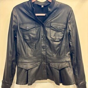 White House Black Market Black Coated Denim Button-Front Jacket Peplum